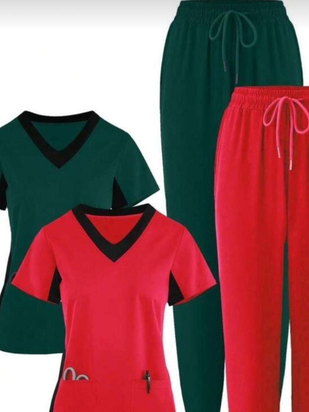 Women’s Medical Scrub Set - Red & Forest Green with Black Trim